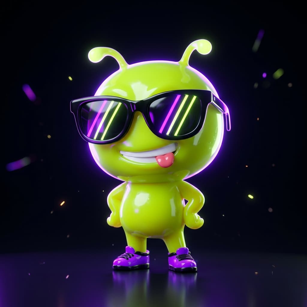 lolmeme.fun 3D glossy neon mascot wearing sunglasses